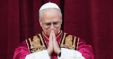 Pope Leo XIV holds his hands in prayer