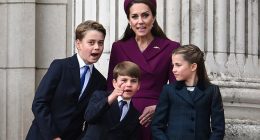 Prince George, Prince Louis, the Princess of Wales and Princess Charlotte watch the flypast at Buckingham Palace yesterday