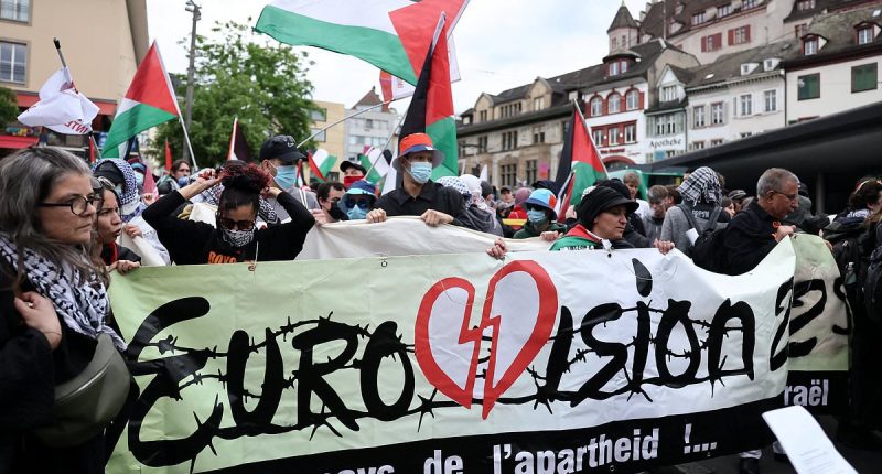 Pro-Palestine demonstrators march on Eurovision: Israeli massacre survivor singer faces barrage of hate as politically charged contest gets underway