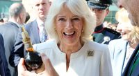 Queen Camilla was spotted tucking into a few tipples this afternoon as she enjoyed the best of Italian hospitality during a state visit to Rome (pictured)