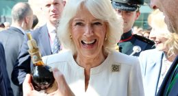 Queen Camilla was spotted tucking into a few tipples this afternoon as she enjoyed the best of Italian hospitality during a state visit to Rome (pictured)