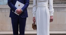 The Prince and Princess of Wales lay flowers at the Innocent Victims' Memorial following a Service of Thanksgiving at Westminster Abbey in London today
