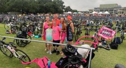 Daniel Russell, Erin Boeckman, family and support volunteers before the CapTex Tri.