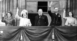 Britain's Prime Minister Winston Churchill, centre, joined the Royal Family - from left, Princess Elizabeth, Queen Elizabeth, King George VI and Princess Margaret - on the balcony of Buckingham Palace, London, England, on VE-Day