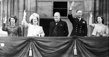 Britain's Prime Minister Winston Churchill, centre, joined the Royal Family - from left, Princess Elizabeth, Queen Elizabeth, King George VI and Princess Margaret - on the balcony of Buckingham Palace, London, England, on VE-Day