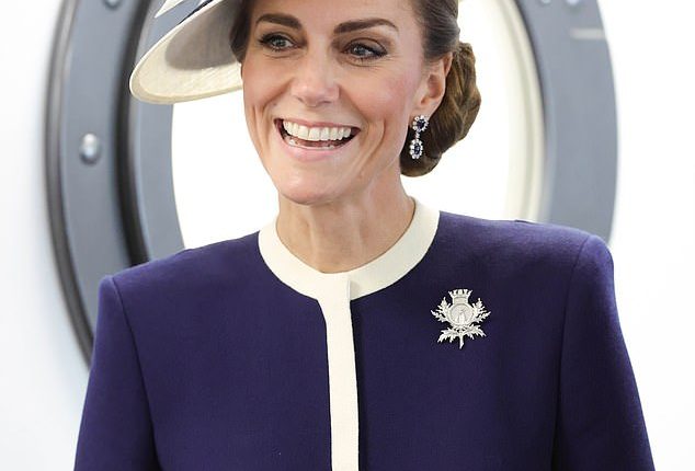 The Princess of Wales (pictured) was all smiles as she attended the official naming of a new Royal Navy warship in Glasgow