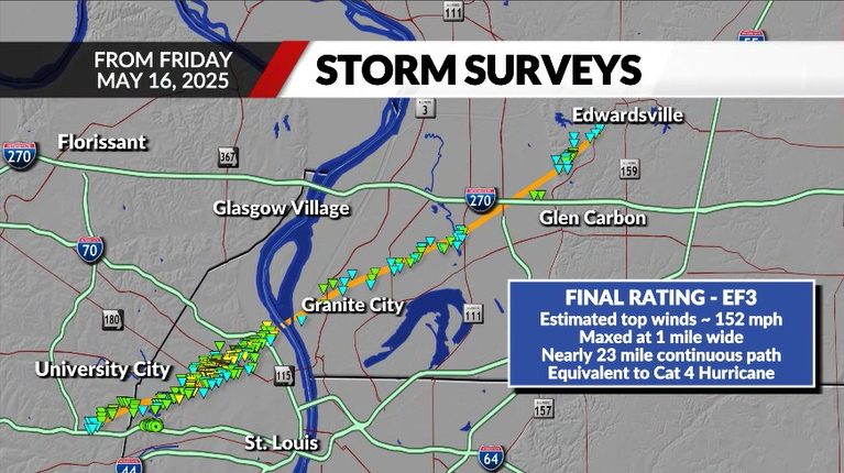 This is where the tornado hit St. Louis and did the most damage