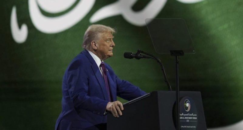 Trump blames Biden policies in Saudi address