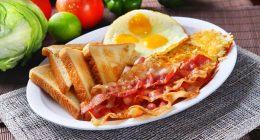 Plate of bacon, eggs, hash browns, and toast.