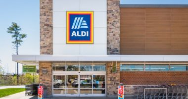 Aldi supermarket exterior with shopping carts.