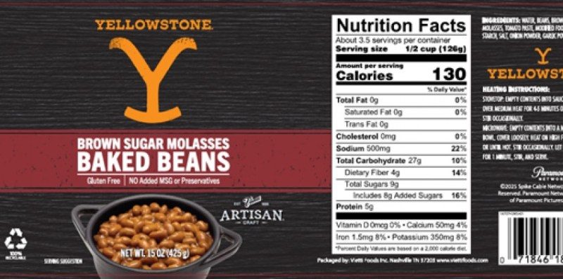 Label for Yellowstone Brown Sugar Molasses Baked Beans; product recall information included.