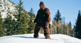 Bigfoot in a snowy mountain forest.