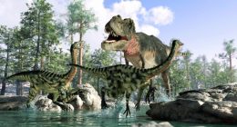 Illustration of a Tyrannosaurus rex hunting Gallimimus dinosaurs near a body of water.