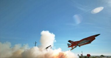 A BQM-34 unmanned aerial vehicle launching a Solid Fuel Integral Rocket Ramjet (SFIRR) missile.