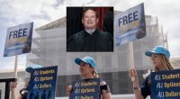 Main: Supporters of charter schools rally outside of the Supreme Court on Wednesday, April 30, 2025, in Washington. (AP Photo/Mark Schiefelbein); Inset: Associate Justice of the Supreme Court Samuel Alito. (Alex Wong/Getty Images.)