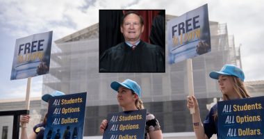 Main: Supporters of charter schools rally outside of the Supreme Court on Wednesday, April 30, 2025, in Washington. (AP Photo/Mark Schiefelbein); Inset: Associate Justice of the Supreme Court Samuel Alito. (Alex Wong/Getty Images.)