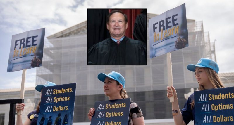 Main: Supporters of charter schools rally outside of the Supreme Court on Wednesday, April 30, 2025, in Washington. (AP Photo/Mark Schiefelbein); Inset: Associate Justice of the Supreme Court Samuel Alito. (Alex Wong/Getty Images.)