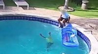 A six-year-old boy drowning in a pool while an adult watches helplessly until a stranger intervenes.