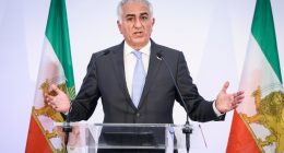 Reza Pahlavi giving a press conference.