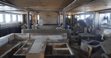 The damaged interior of a sunken superyacht.
