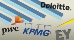Logos of the Big Four accounting firms—Deloitte, EY, KPMG, and PWC—are displayed against a background featuring blue diagonal stripes and a yellow graphic element.