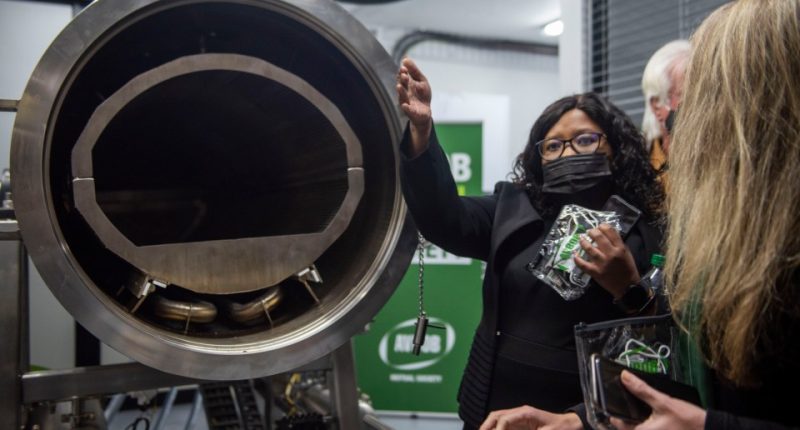 A woman gestures toward an aquamation machine.