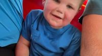A toddler in a blue shirt sits on someone's lap.