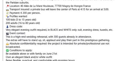 Image of a casting call for extras for a high-end wedding rehearsal in France.