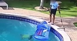 Child starts drowning in pool while adult with him stands beside it