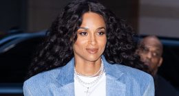 Ciara, 39, puts on a leggy display in black leather miniskirt
