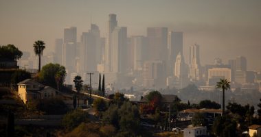 Smog over the Los Angeles skyline.
