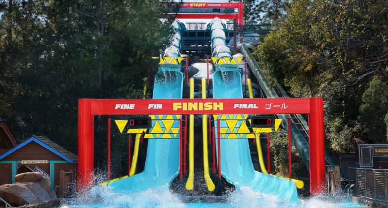 The finish line of a double water slide at Blizzard Beach in Disney World.