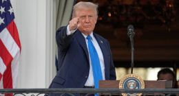 President Donald Trump speaking and gesturing.