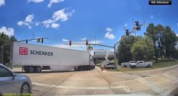 Dramatic dashcam video shows truck crash injure worker, left dangling over I-12 in Denham Springs, Louisiana