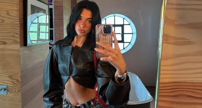 Dua Lipa flaunts her washboard abs in a cropped black leather jacket