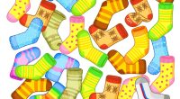 Illustration of a children's game: find one unique sock among many.