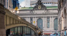 Grand Central Terminal viewed from a pedestrian bridge.
