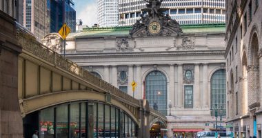 Grand Central Terminal viewed from a pedestrian bridge.