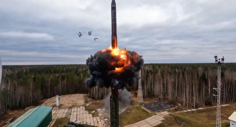 A Yars intercontinental ballistic missile launching from a site in Plesetsk, Russia.