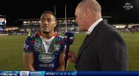 New Zealand Warriors young backrower Leka Halasima is pictured trying to make sense of Halligan's line of questioning