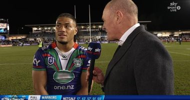 New Zealand Warriors young backrower Leka Halasima is pictured trying to make sense of Halligan's line of questioning