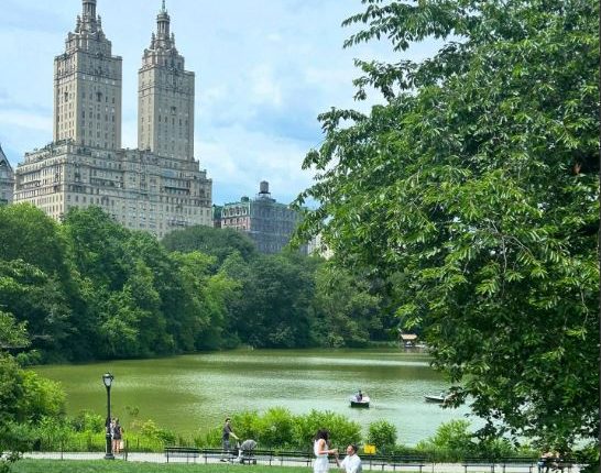 A couple getting engaged in Central Park, with the San Remo building in the background.