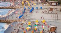 Crowded beach in Cartagena, Colombia.