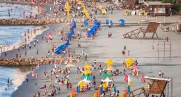 Crowded beach in Cartagena, Colombia.