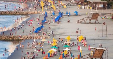 Crowded beach in Cartagena, Colombia.