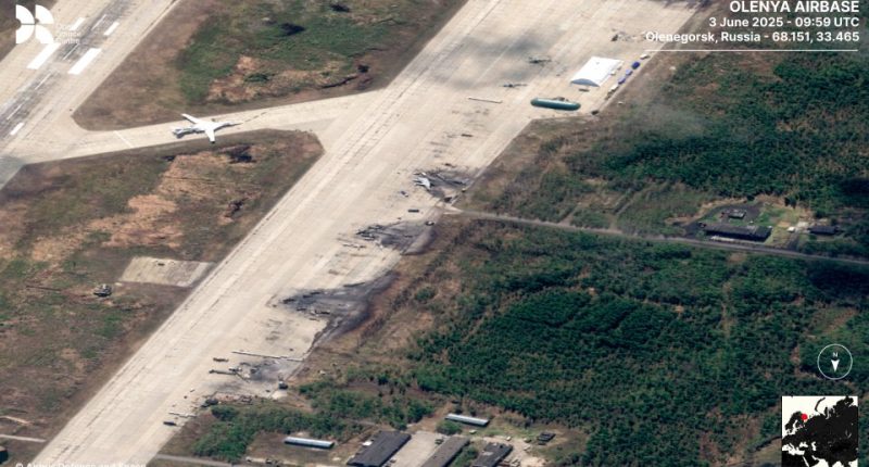 Aerial image of Olenya airbase showing destroyed Tu-95 aircraft.
