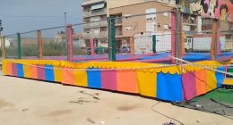 Trampoline at fairgrounds where a child received an electric shock.