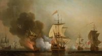 Painting of a naval battle, with several ships engaged in combat.