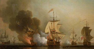 Painting of a naval battle, with several ships engaged in combat.