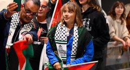 Greta Thunberg arriving at Stockholm airport after deportation from Israel.